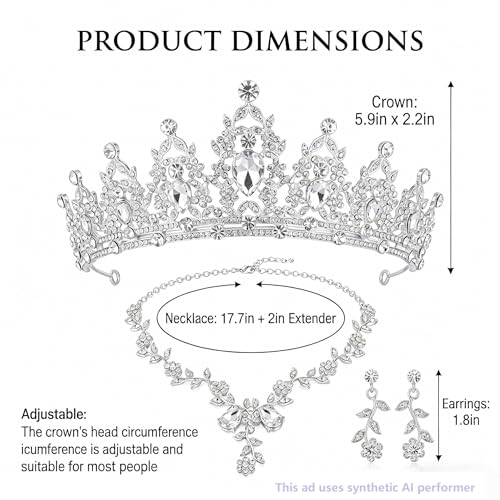 Kamirola Tiaras and Crowns for Women,Tiaras Earrings Necklace, Crystal Bridal Jewelry Set, Costume Party Halloween Prom Pageant Jewelry for Women(TR45) - color: Silver