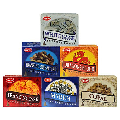 Hem Incense Cones Variety Pack #4 and Inscents-Cones Burner Holder with 6 Most Popular Fragrances - Dragons Blood, Frankincense, Myrrh - Total 60 Scented Cone Incense (6 Scents x 10 Conos) - color: Popular 6b