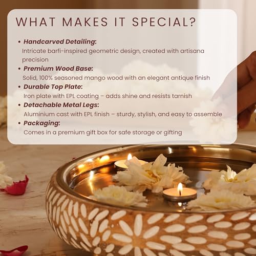 RITUALISTIC Vrinda Handcarved Wooden Urli Bowl (11.5 inches) | Mango Wood with Floral Sacred Carving & Detachable Legs | Floating Candles, Flowers & Festive Décor | Diwali Housewarming Premium Gift - style: Vrinda Wooden Urli