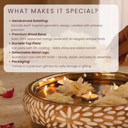 RITUALISTIC Vrinda Handcarved Wooden Urli Bowl (11.5 inches) | Mango Wood with Floral Sacred Carving & Detachable Legs | Floating Candles, Flowers & Festive Décor | Diwali Housewarming Premium Gift - style: Vrinda Wooden Urli