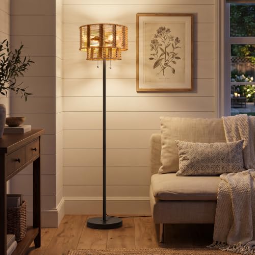 OYEARS 60" Farmhouse Floor Lamps for Living Room, Pull Chain&Rattan Shade