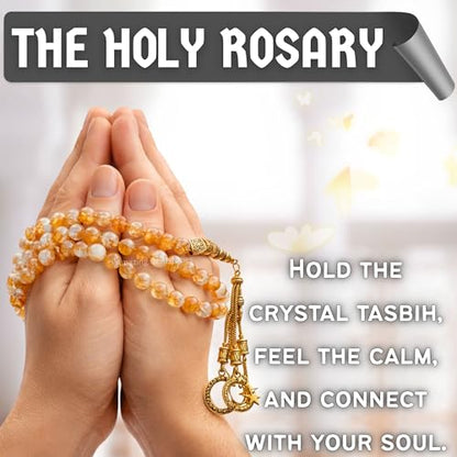 Amazing Gemstone Crystal Tasbeeh with Moon and Star Charm - Certified Crystal Muslim Prayer Beads Natural Gemstone Tasbih Gift for Ramadan Dhikr and Daily Namaz (G) - color: Citrine Natural