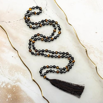 Triple Protection Mala 108 Beads 8mm Black Obsidian Tiger Eye Hematite
