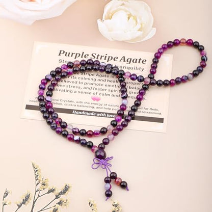 AD Beads 6mm 8mm 108 Prayer Mala Jasper Elastic Bracelet - Handmade Yoga Meditation Healing Power Energy Gifts for Unisex Adult. - color: Purple Stripe Agate(Tranquility)