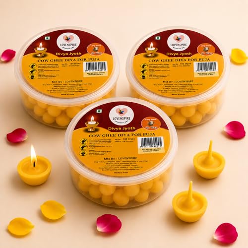 LOVENSPIRE Pure Cow Ghee Wicks for Pooja Diya (300 Pcs) Wax-Free Desi Ghee Batti, Up to 35 Min Long Burning, Ready-to-Use Cotton Jyot for Home Mandir, Indian Puja Rituals, Diwali Decor & Return Gifts - size: 300 Pcs