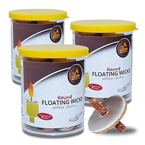 Ner Mitzvah Round Floating Wicks, Cotton Wicks and Cork Disc Holders for Oil Cups, Bonus Wick Removal Tweezers - 300 Count (Approx) - size: 3 Pack