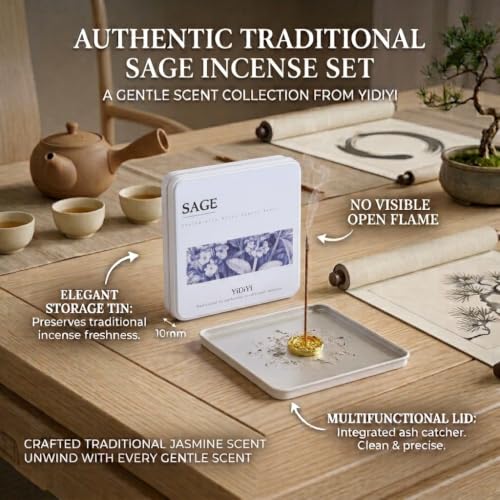 Natural White Sage Incense Sticks with Gold Holder & Storage Tin Box - color: Sage