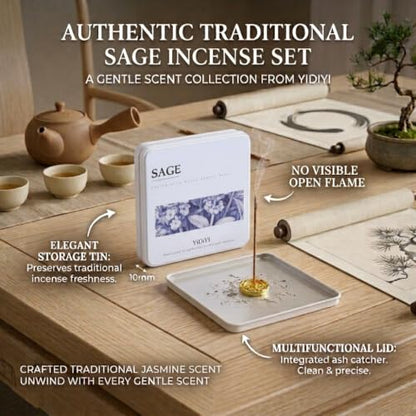 Natural White Sage Incense Sticks with Gold Holder & Storage Tin Box - color: Sage