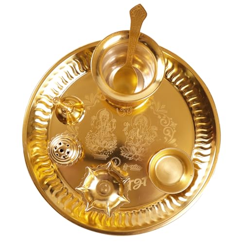 The Fine Living Co. Exquisite Gold Finish Pooja Thali 8.5 Inch, Set of 1 - style: Pooja Thali