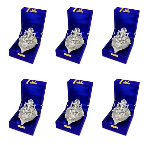 NOBILITY Ganesha on Leaf Silver Diya Oil Lamp Statue Idol with Blue Gift Box Pooja Items Diwali Decoration Puja Gifts Handmade Oil Lamp Traditional Indian Deepawali Gift Items 6 Pcs - color: Ganesh Diya Silver with Blue Box, size: Pack of 6