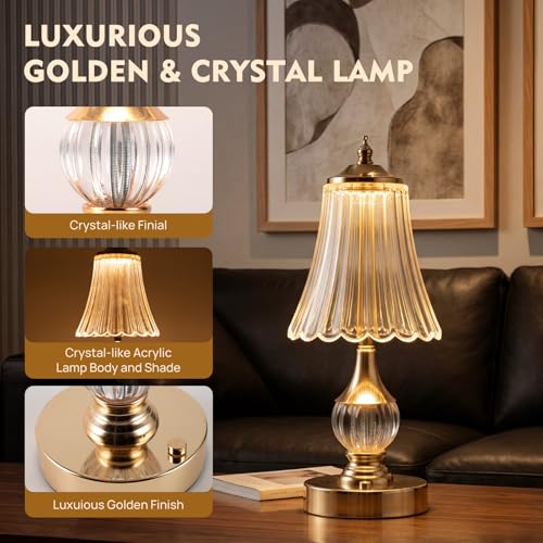 Gold Crystal Battery Operated Rechargeable Lamp Cordless, Skirt - color: Gold-Skirt