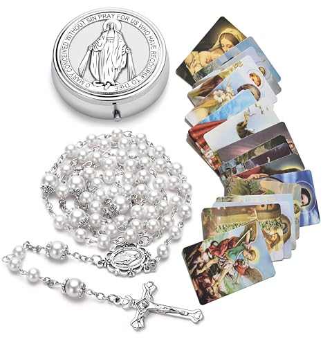 Rosary for Women with Case and 18pcs Prayer Cards, First Communion Gifts for Girls, Glass Pearl Beads and Virgin Mary Medal, Catholic Gifts - color: White