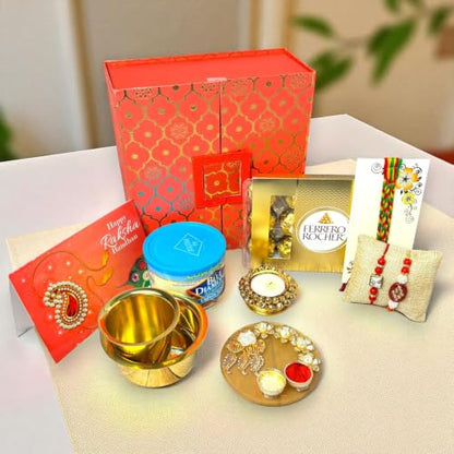 LOVENSPIRE Brocade Gift Box Raksha Bandhan Hamper for Brother and Bhabhi - Includes 2 Traditional Handmade Rakhi, Chocolates Pack, Candle & Haldi Kumkum Holder, Greeting Card with Roli Chawal - color: Premium Hamper