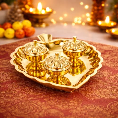 Spillbox Brass 3 Leaf Bowl Pooja Thali | Traditional Handcrafted Thali Holder with Lid for Mandir & Home | Roli, Chawal | Pooja Item Gift for Diwali, Navratri - 3 Leaf Bowl - Small