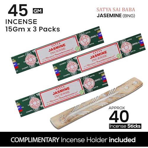 Satya Nagchampa Jasmine Incense Sticks, Satya Bng (Bangalore) Insenses 15gmx3 Pack (45 GMS) with Raajsee Incense Holder Bundle, Satya Nagchampa Natural Incense - color: Jasmine