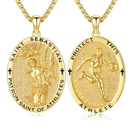 Silver/14K Gold Patron Saint Medal Amulet Necklace for Men Women - color: Gold, style: 20A-St Sebastian Basketball