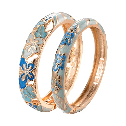 UJOY Fashion Cloisonne Bracelets Plated Butterfly Filigree Enameled Womens Gifts Bangles Spring Hinged 88A09 - color: 2 Pcs Set-A09/Butterfly-Light Blue