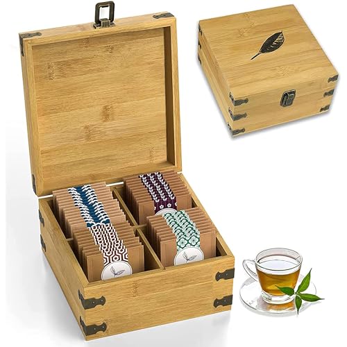 Bamboo Tea Organizer Box Chemical Free Eco-Friendly Big, Tall, Adjustable Cubbies Natural Wooden Storage Chest (4-Slot Square 7.4" x 8.1" x 4.2" with Tea Leaf Design) - color: Tea Leaf, size: 4-Slot Square