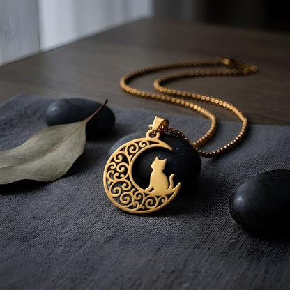 1" Stainless Steel Necklace Charms | Third Eye Vision | Peace Symbol | Finding Your Self | Yin & Yang | Moon Cat | Turtle Power | Flower of Life | | OM | Mystical Spiritual Protection, for Men & Women - style: Moon Cat Gold