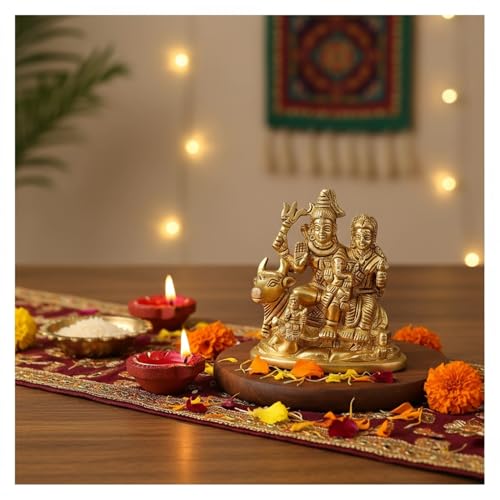 LOVENSPIRE Brass Shiv Parivar Idol Statue Hindu God Shiva Parvati Ganesha Kartikeya Nandi Family Murti Sculpture - Pooja Home Temple Mandir Decor - Decorative Showpiece Housewarming Gift (3.7 Inches)