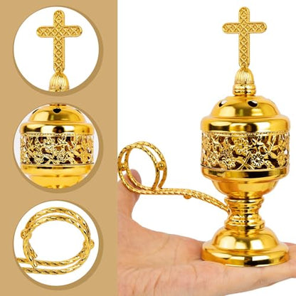 1 PCS Catholic Church Incense Holder with Cross Lid, Home&Altar Incense Burner, Charcoal Censer Incense Burner, Unique Meditation Gift, Frankincense Resin Bakhoor Burner (Gold)