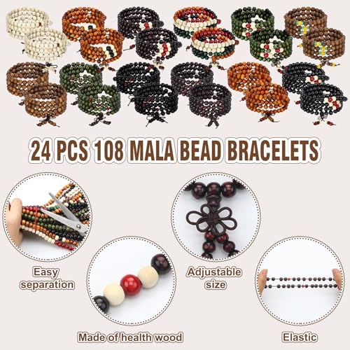 24 Pcs 108 Mala Bead 8mm Meditation Bracelet for Men Tibetan Buddha Link Retractable Wood Beaded Multilayer Sandalwood Wood Bracelets Buddhist Prayer Strand Prayer Gift for Meditation Lovers