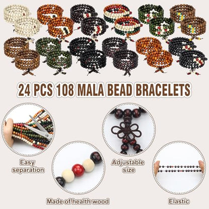 24 Pcs 108 Mala Bead 8mm Meditation Bracelet for Men Tibetan Buddha Link Retractable Wood Beaded Multilayer Sandalwood Wood Bracelets Buddhist Prayer Strand Prayer Gift for Meditation Lovers