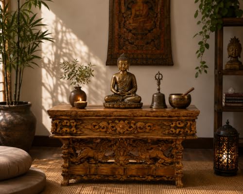 Tribe Azure Fair Trade Small Snow Lion Altar Table, Hand Carved Wooden Table with Majestic Garuda, 16 in x 9 in x 9 in - size: Small Snow Lion