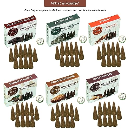 Trumiri Woody Incense Cones - Variety Pack - Total 60 Cone Incense (6 Scents x 10 Conos) - White Sage, Palo Santo, Dragons Blood, Sandalwood - Inscents-Cones Scented - Insense Cones - Incent Cone - color: Woody