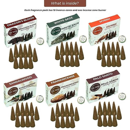 Trumiri Woody Incense Cones - Variety Pack - Total 60 Cone Incense (6 Scents x 10 Conos) - White Sage, Palo Santo, Dragons Blood, Sandalwood - Inscents-Cones Scented - Insense Cones - Incent Cone - color: Woody
