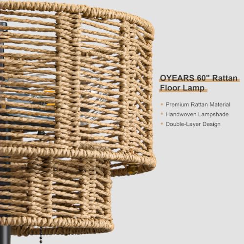OYEARS 60" Farmhouse Floor Lamps for Living Room, Pull Chain&Rattan Shade