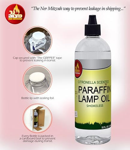 Ner Mitzvah Citronella Scented Lamp Oil, 32 Ounce Smokeless and Odorless Insect and Mosquito Repellent Paraffin Lamp Oil for Indoor and Outdoor Lanterns, Torches and Oil Candle - size: 32 Ounces