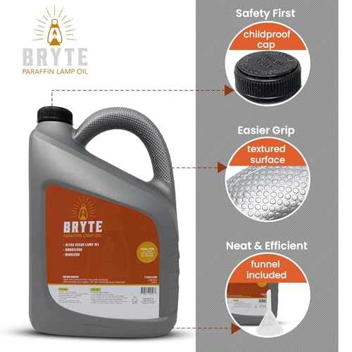 Bryte Premium Lamp Oil - 1 Gallon, Clear & Clean Paraffin, Odorless, Suitable for Indoor/Outdoor Use, Comes with Funnel (1)