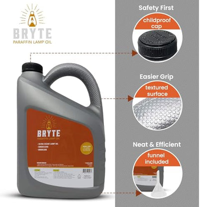Bryte Premium Lamp Oil - 1 Gallon, Clear & Clean Paraffin, Odorless, Suitable for Indoor/Outdoor Use, Comes with Funnel (1)