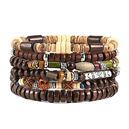 HZMAN Handmade Hemp Cords Wood Beads Leather Bracelets for Men Women - style: Bohemian