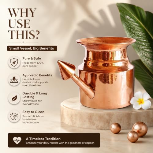 Traveller's Neti Lota Ramjhara Prayer Kalash Pure Copper Traditional Hindu Pooja Item Pot with Copper