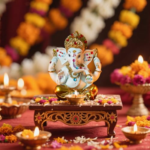 alikiki Hindu God Ganesha Idol Statue - 5.6" H Gold Toned Indian God Lord Ganpati Murti for Diwali Pooja Decor Home Mandir Temple Altar Shrine Puja Item Wedding Spiritual Decors