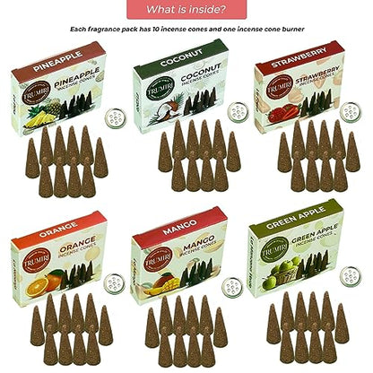 Trumiri Fruity Incense Cones - Variety Pack - Total 60 Cone Incense (6 Scents x 10 Conos) - Strawberry, Coconut, Pineapple, Apple, Mango, Orange - Cone Incense Scents - Insense Cones - Incent Cone - color: Fruity