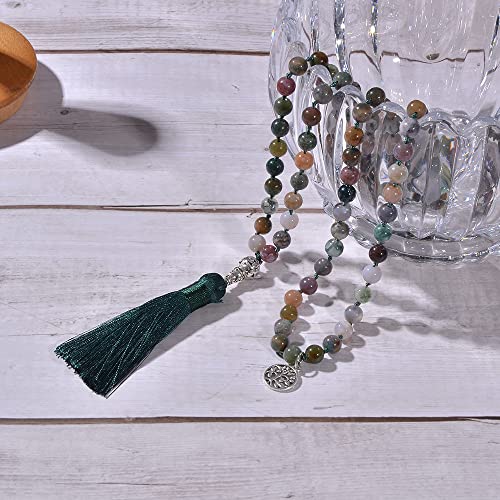 108 Mala Prayer Beads Necklace Natural Stones Meditation Yoga Jewery 108 Hand Knotted Japa Mala Beaded Long Tassel Necklace with Tree of Life Pendant for Men and Women - color: 8mm Indian Agate