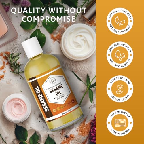 ORGANIC SESAME OIL (16 oz) Premium Cold Pressed Unrefined | 100% Pure Sesame Oil for Skin, Face, Hair, Soap Making | Carrier for Essential Oils | Available in Bulk | 16 FL OZ