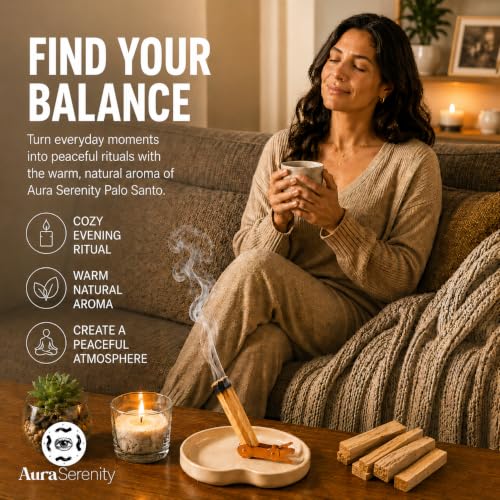 Palo Santo Sticks 14 Pack from Peru – High Resin Holy Wood Incense for Spiritual Cleansing & Positive Energy – Includes Eco Clip Holder & Reusable Drawstring Bag – Aura Serenity