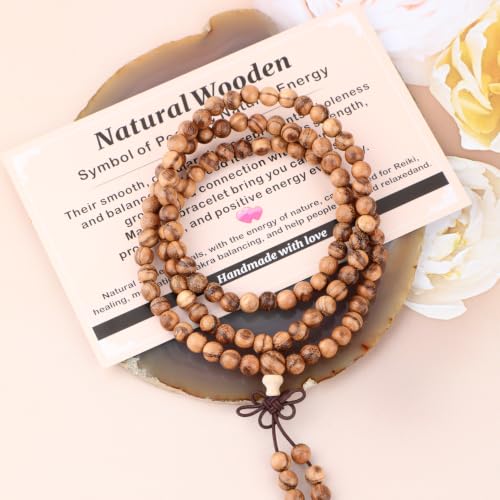 AD Beads 6mm 8mm 108 Prayer Mala Jasper Elastic Bracelet - Handmade Yoga Meditation Healing Power Energy Gifts for Unisex Adult. - color: Vietnamese Sandal Wood(Warmth)