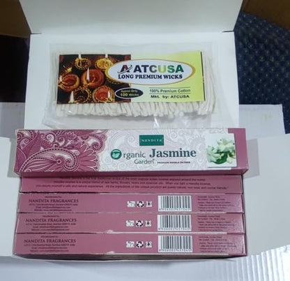 100 ATCUSA Pure Cotton Diya Wicks with Combo of Nandita Organic Garden Jasmine Premium Indian Masala Incense Sticks 15gm x 12 Pack for Prayer Temple Church Christmas