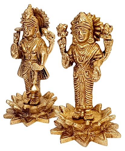 Purpledip Purledip Brass Idols Vishnu Laxmi On Lotus: Glorious Statue Set for Home Temple Or Display Collection (12644)