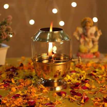 Pure Brass Akhand Jyot Diya with Borosilicate Glass Cover - Medium Size Adjustable Wick Lever 250ml Oil Capacity 48-Hour Burn Time Authentic Oil Lamp for Prayer and Meditation - Gold - size: Medium Without Plate