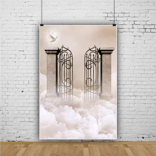 Laeacco 5x7ft Holy Heaven Gate Backdrop Dove White Cloud Magical Mystery Backdrop for Birthday Baby Shower Party Decor Adults Portraits Wedding Photo Studio Props Trunk or Treat Booth