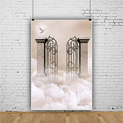 Laeacco 5x7ft Holy Heaven Gate Backdrop Dove White Cloud Magical Mystery Backdrop for Birthday Baby Shower Party Decor Adults Portraits Wedding Photo Studio Props Trunk or Treat Booth