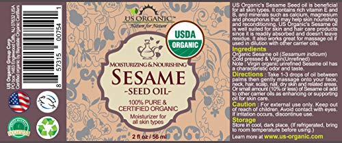 US Organic Sesame Seed Oil, Certified Organic, Untoasted, Unrefined Virgin, Pure & Natural, Cold Pressed, in Amber Glass Bottle w/Glass Eyedropper, Sourced from Mexico (2 oz (Small)) - size: 2 Fl Oz (Pack of 1)