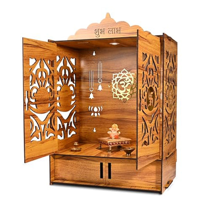Wooden Temple Mandir for Home with Door | Beautiful Pooja Unit with Storage Space | with LED Light and Wall Mounts | Elegant Pooja Mandir for Home Big Size (Ex Large - 27 * 19 * 11 Inch)