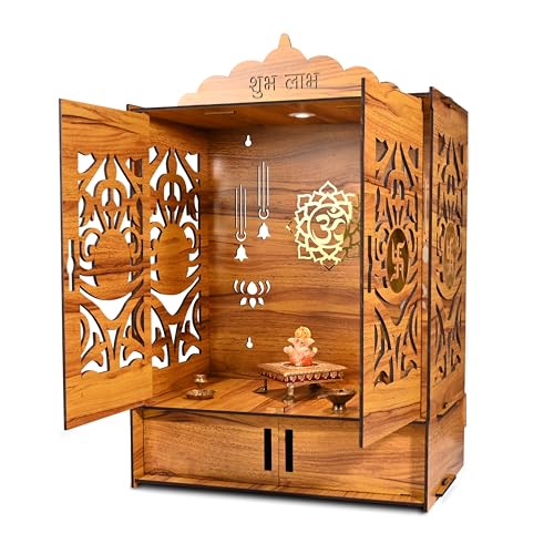 Wooden Temple Mandir for Home with Door | Beautiful Pooja Unit with Storage Space | with LED Light and Wall Mounts | Elegant Pooja Mandir for Home Big Size (Ex Large - 27 * 19 * 11 Inch)